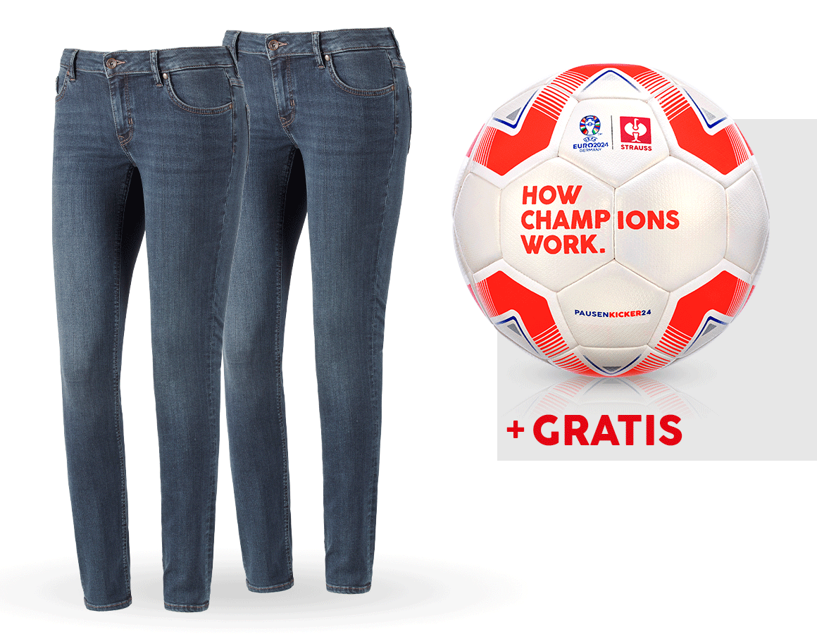 Kleding: SET: 2x 5-pocket-stretch- jeans, dames + voetbal + mediumwashed