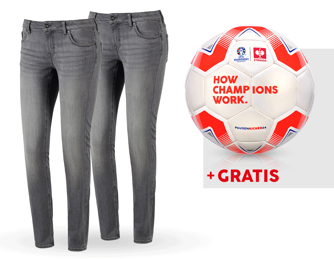 Kleding: SET: 2x 5-pocket-stretch- jeans, dames + voetbal + graphitewashed
