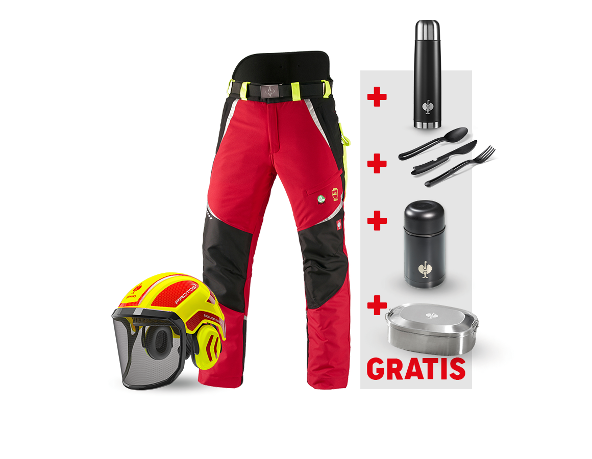 Kleding: SET: e.s. bosbouwwerkbroek KWF + helm + rood/signaalgeel