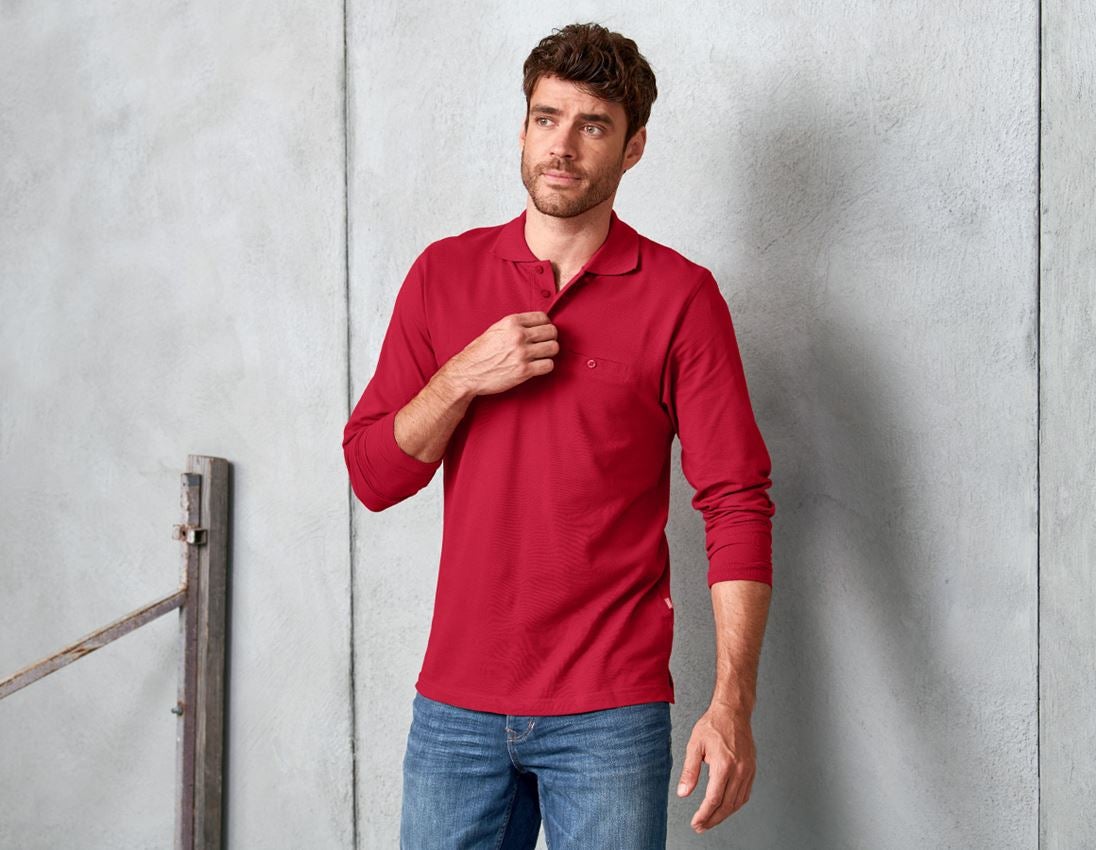 Bovenkleding: e.s. Longsleeve-Polo cotton Pocket + rood