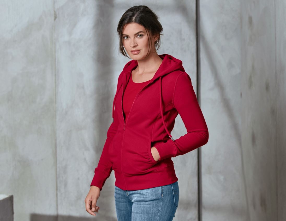 Bovenkleding: e.s. Hoody-Sweatjack poly cotton, dames + vuurrood
