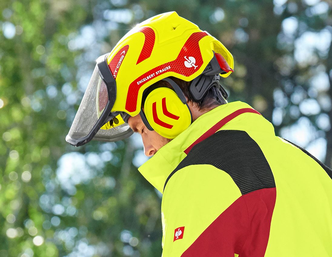 Kleding: SET: e.s. bosbouwwerkbroek KWF + helm + rood/signaalgeel 1