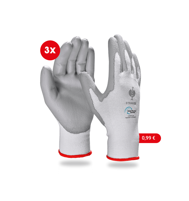 Gecoate: e.s. PU-handschoenen recycled, 3 paar + grijs/wit