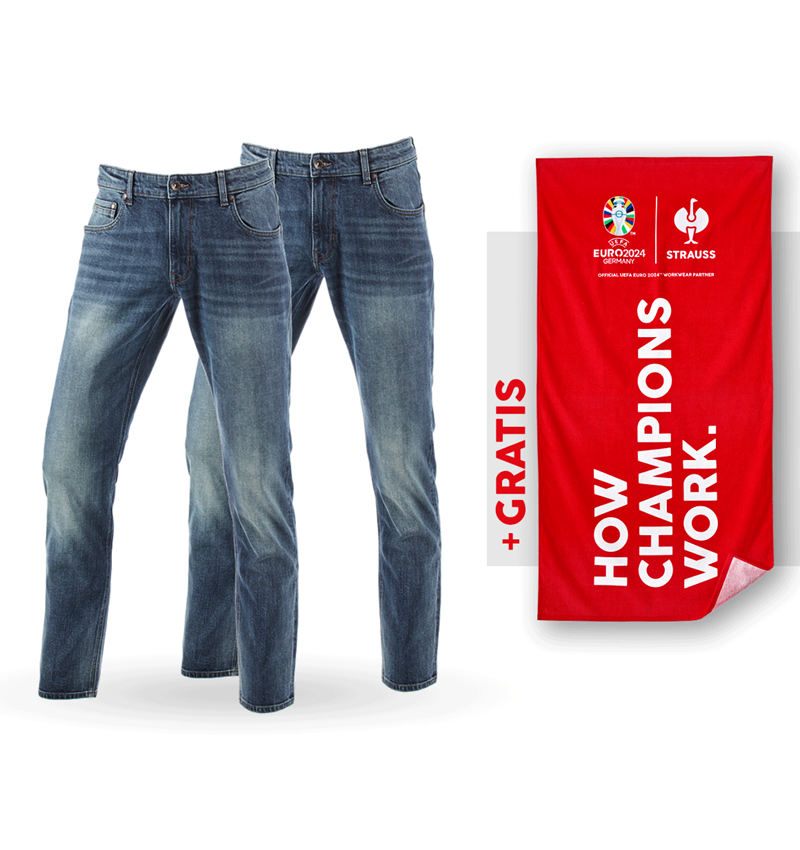 Samenwerkingen: SET: 2x 5-pocket-stretch-jeans, straight+handdoek + mediumwashed