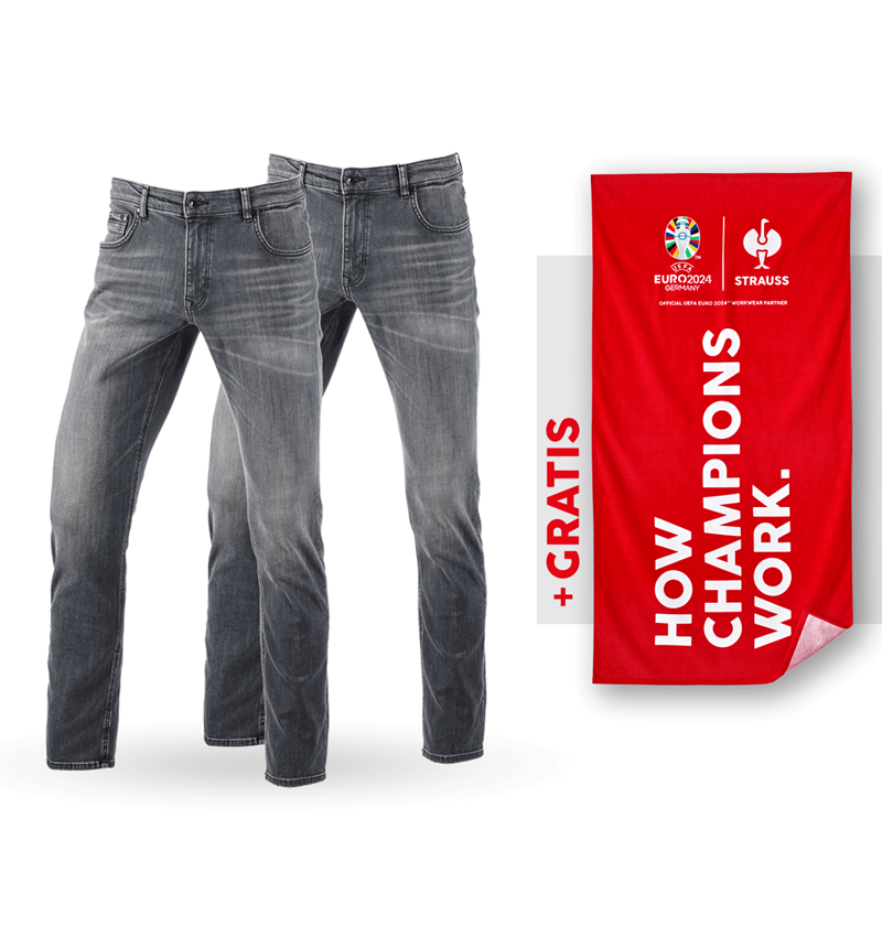 Kleding: SET: 2x 5-pocket-stretch-jeans, straight+handdoek + graphitewashed