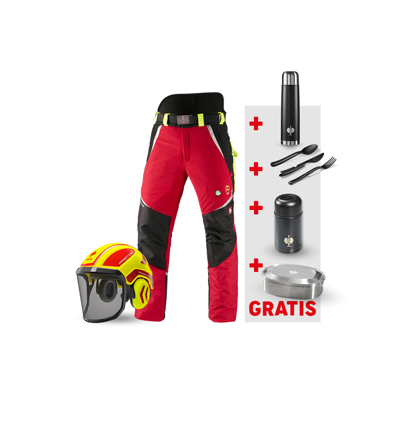 Kleding: SET: e.s. bosbouwwerkbroek KWF + helm + rood/signaalgeel